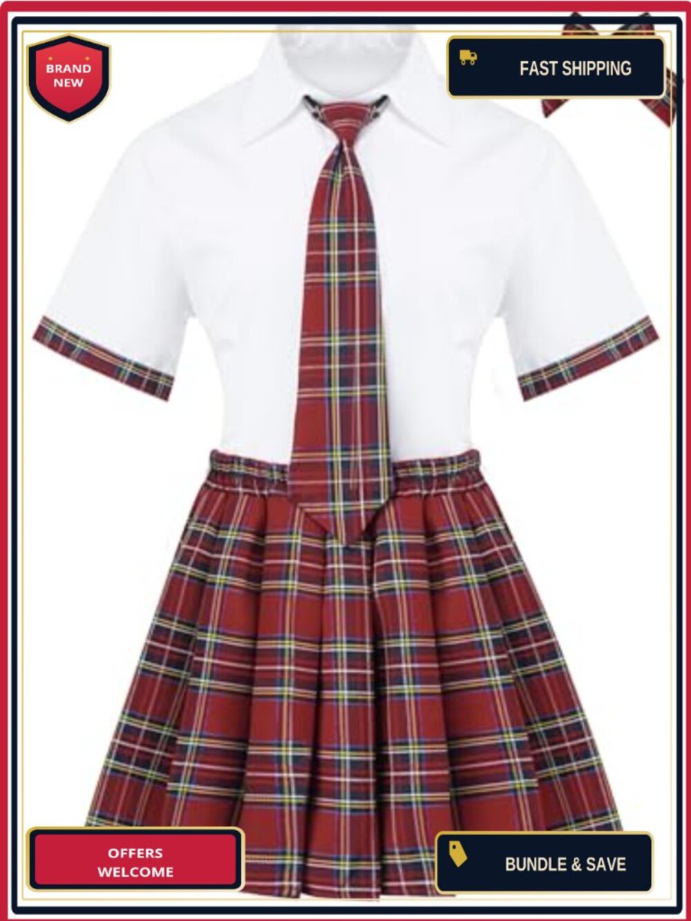 School Girl Costume Set Pleated Skirt White Top Tie Bow 4 Piece